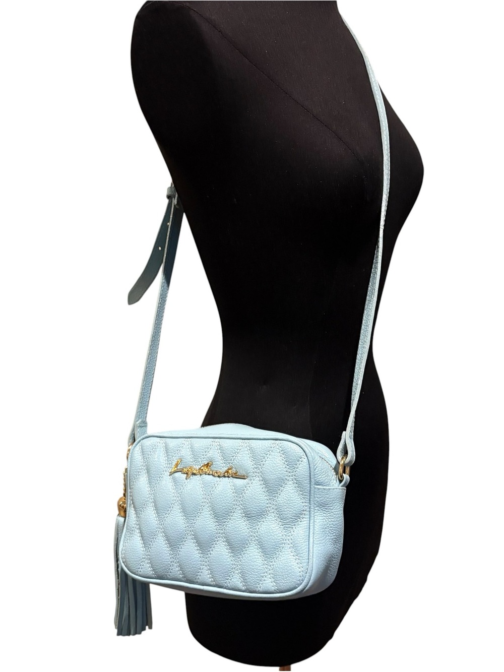 Luiza Barcelos Light Blue Quilted Crossbody Shoulder Bag with Tassel